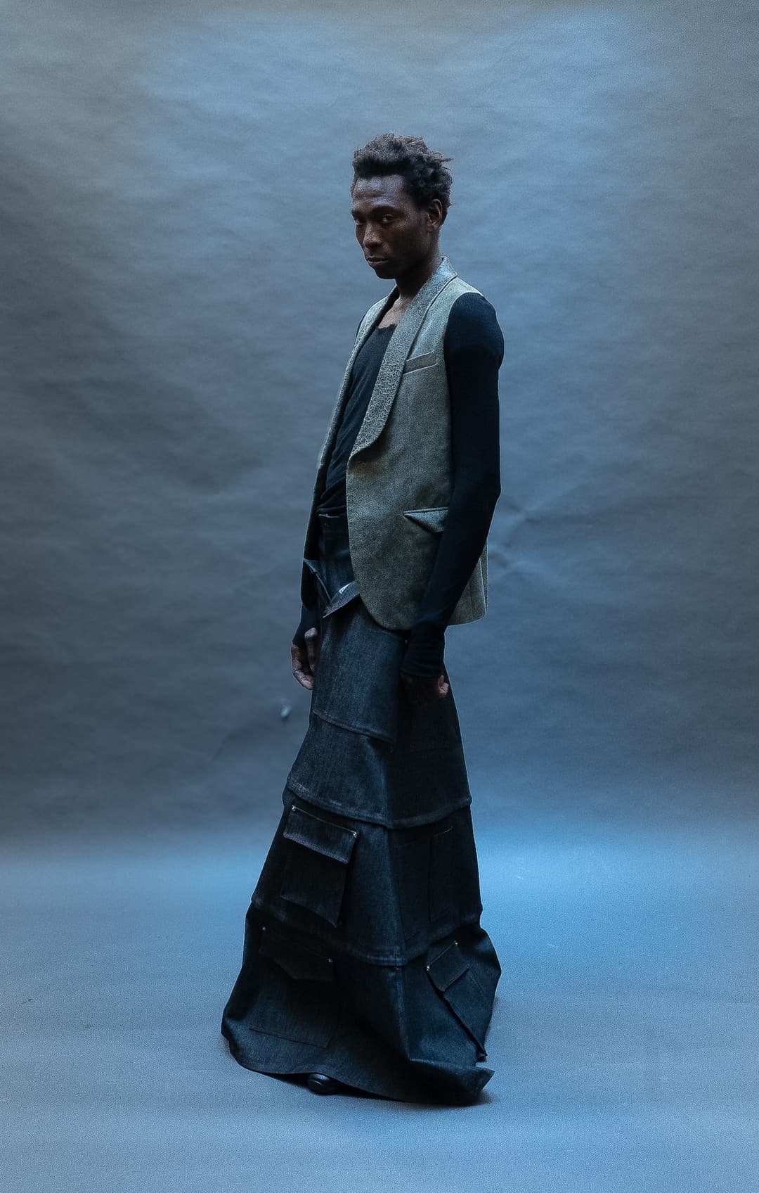 01 — Tuxedo Jacket in Green Lambskin, Skirt in Denim by Thelonious Stokes